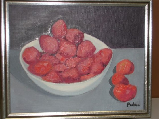 An oil painting of either strawberries or potatoes (or perhaps red rocks from 3484 Hutchison) by Claude Picher made in 1973.