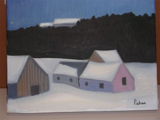An oil painting of a farmhouse by Claude Picher made in 1973.