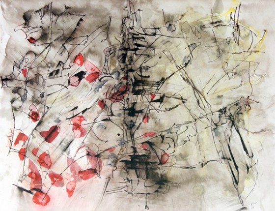 Composition by Jean Paul Riopelle. Ink and watercolor on paper, 1961. 20" x 26"