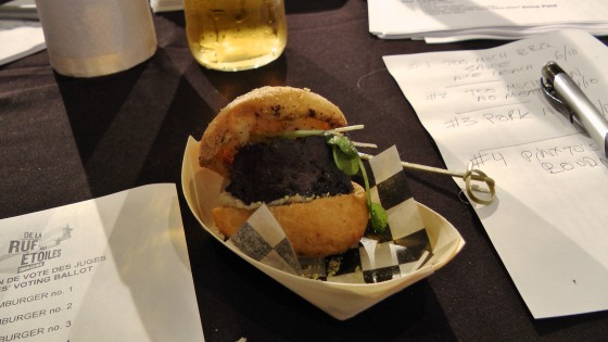 From Le grain de sel: A boudin mini-hamburger with banana chutney, aioli, chocolate and ancho chiles From Le grain de sel: A boudin mini-hamburger with banana chutney, aioli, chocolate and ancho chiles