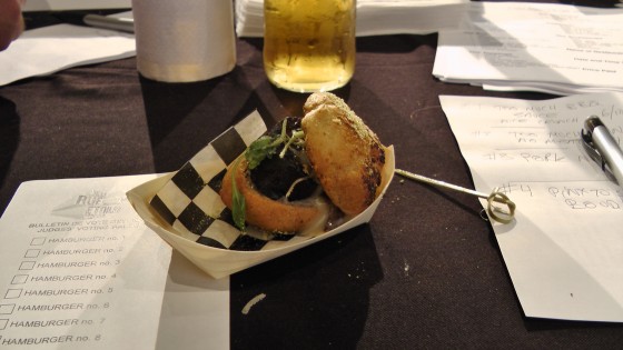 From Le grain de sel: A boudin mini-hamburger with banana chutney, aioli, chocolate and ancho chiles From Le grain de sel: A boudin mini-hamburger with banana chutney, aioli, chocolate and ancho chiles