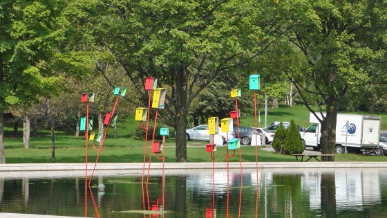 Bird Houses on the pond in front of the Biosphere.
