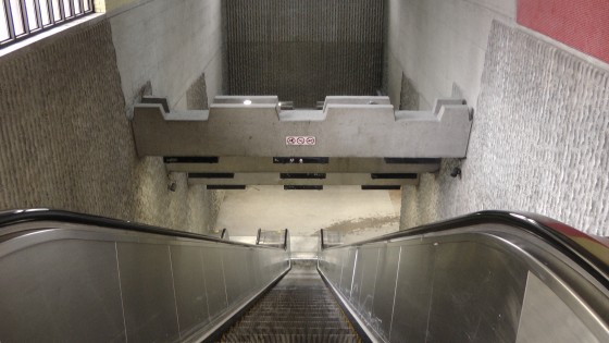Going down the escalator inside the southern entrance to Métro Joliette. Going down the escalator inside the southern entrance to Métro Joliette.