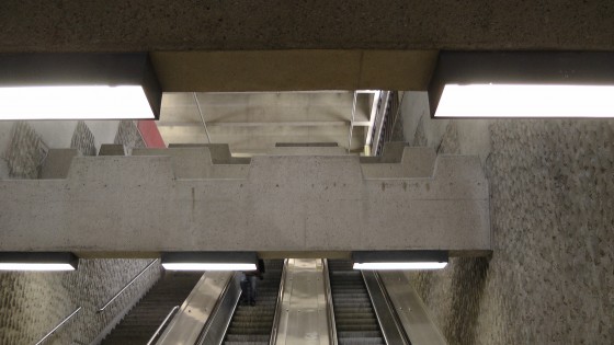 Looking up at concrete beams in the southern entrance to the Métro Joliette. Looking up at concrete beams in the southern entrance to the Métro Joliette.