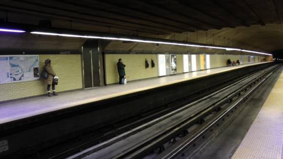Looking the other way down a platform at the Métro Joliette. Looking the other way down a platform at the Métro Joliette.