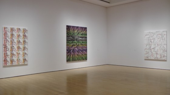 Installation shot of Ghada Amer exhibit at the Musée d'art contemporain de Montréal.