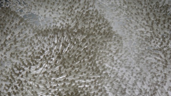 Elisabeth Picard, Flot, 2011, zip ties, glass, painted steel, fluorescent tubes, 28" x 76" x 39"