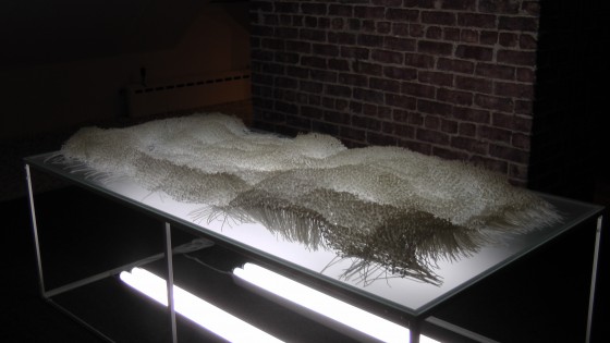 Elisabeth Picard, Flot, 2011, zip ties, glass, painted steel, fluorescent tubes, 28" x 76" x 39"
