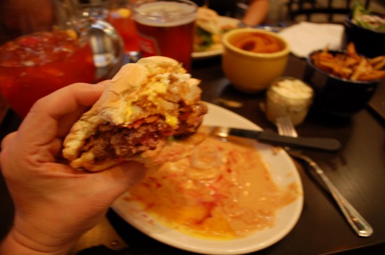 Half of a very rare Calimero Burger with Peanut Butter at La Belle et La Boeuf Half of a very rare Calimero Burger with Peanut Butter at La Belle et La Boeuf